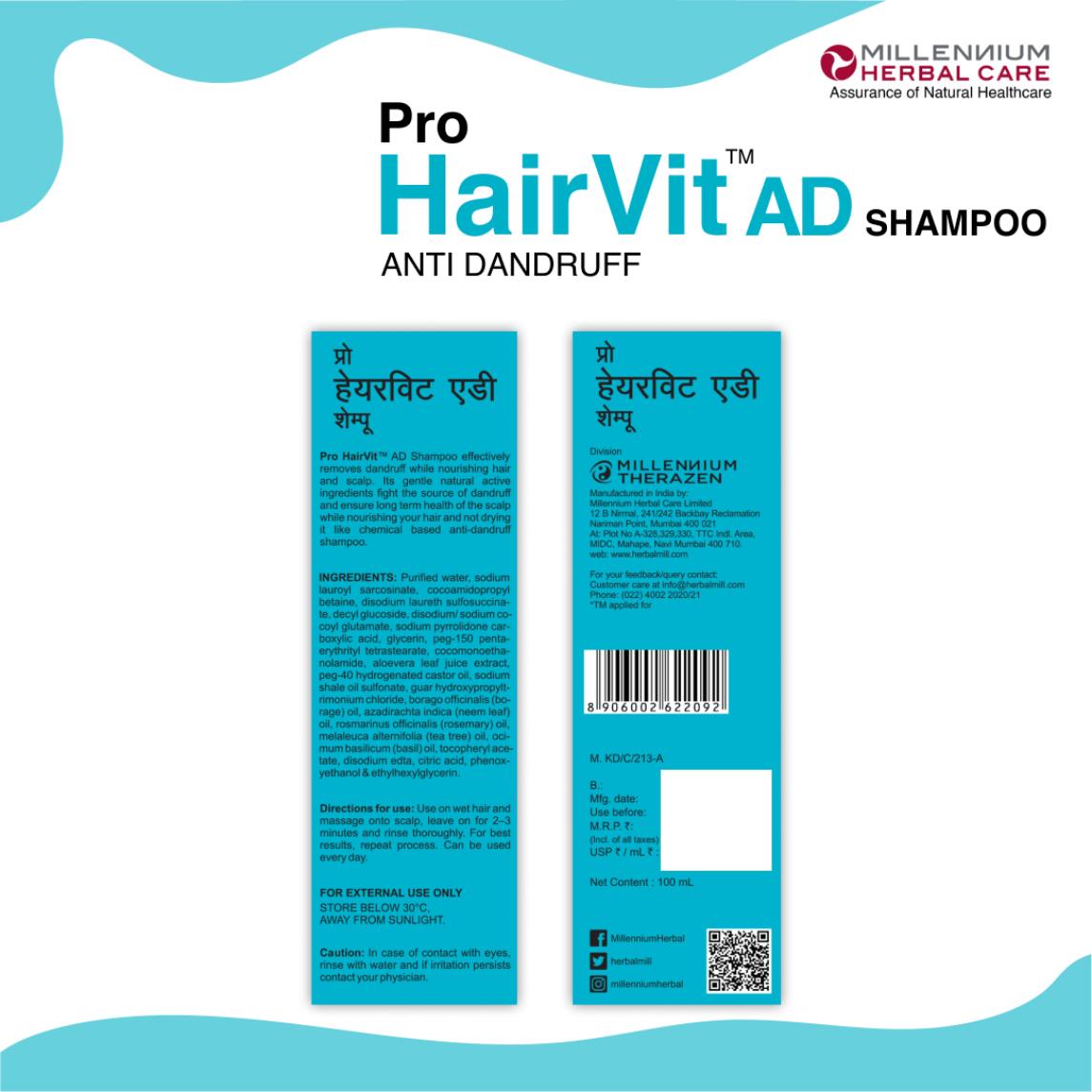 Back of the pack of Pro Hairvit AD Shampoo