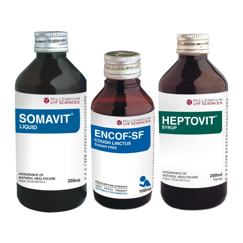 Recover & Rejuvenate with Ayurveda (SOMAVIT LIQUID 200ml x 3 + HEPTOVIT SYRUP 200ml x 3 + ENCOF-SF SYRUP 100ml x 3)