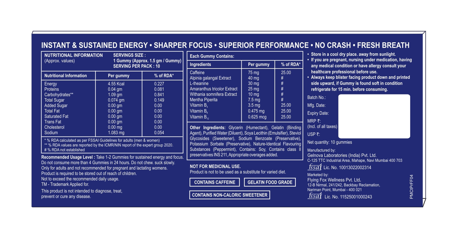 Flying Fox Energy Gummies – Ice Mint | Caffeine + L-Theanine